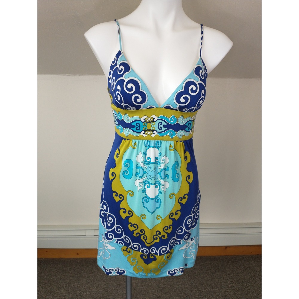 Trina Turk 100% Silk Dress Blue Green Psychedelic Print Empire Waist Size 2 Sexy